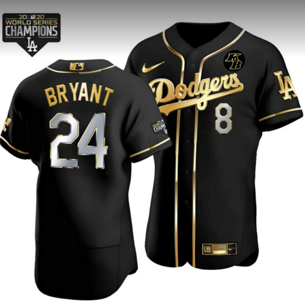 Men's Los Angeles Dodgers Front #8 Back #24 Kobe Bryant Black Golden MLB 2020 World Series Champions Sttiched Jersey